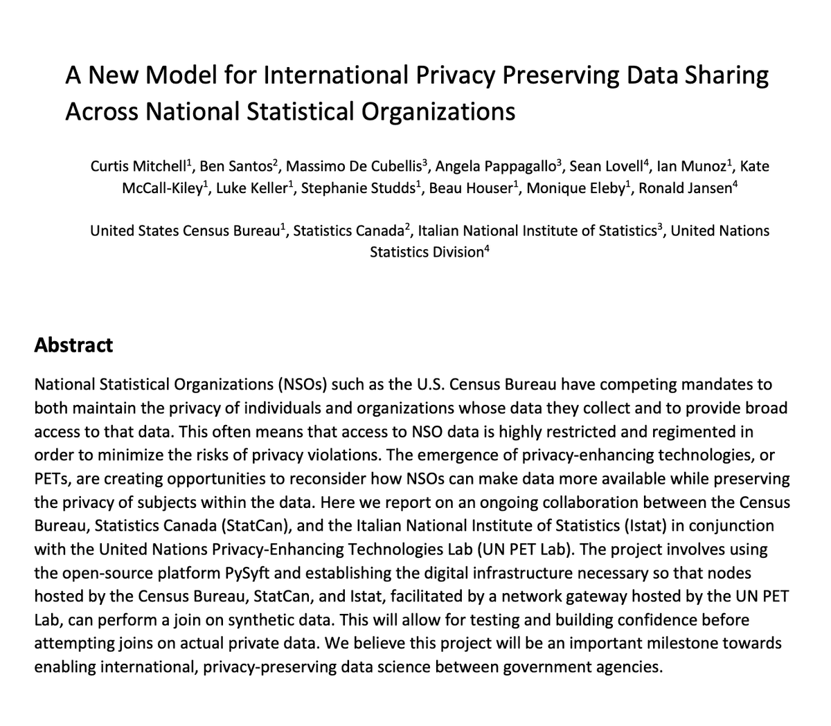 A New Model for International Privacy Preserving Data Sharing Across National Statistical Organizations